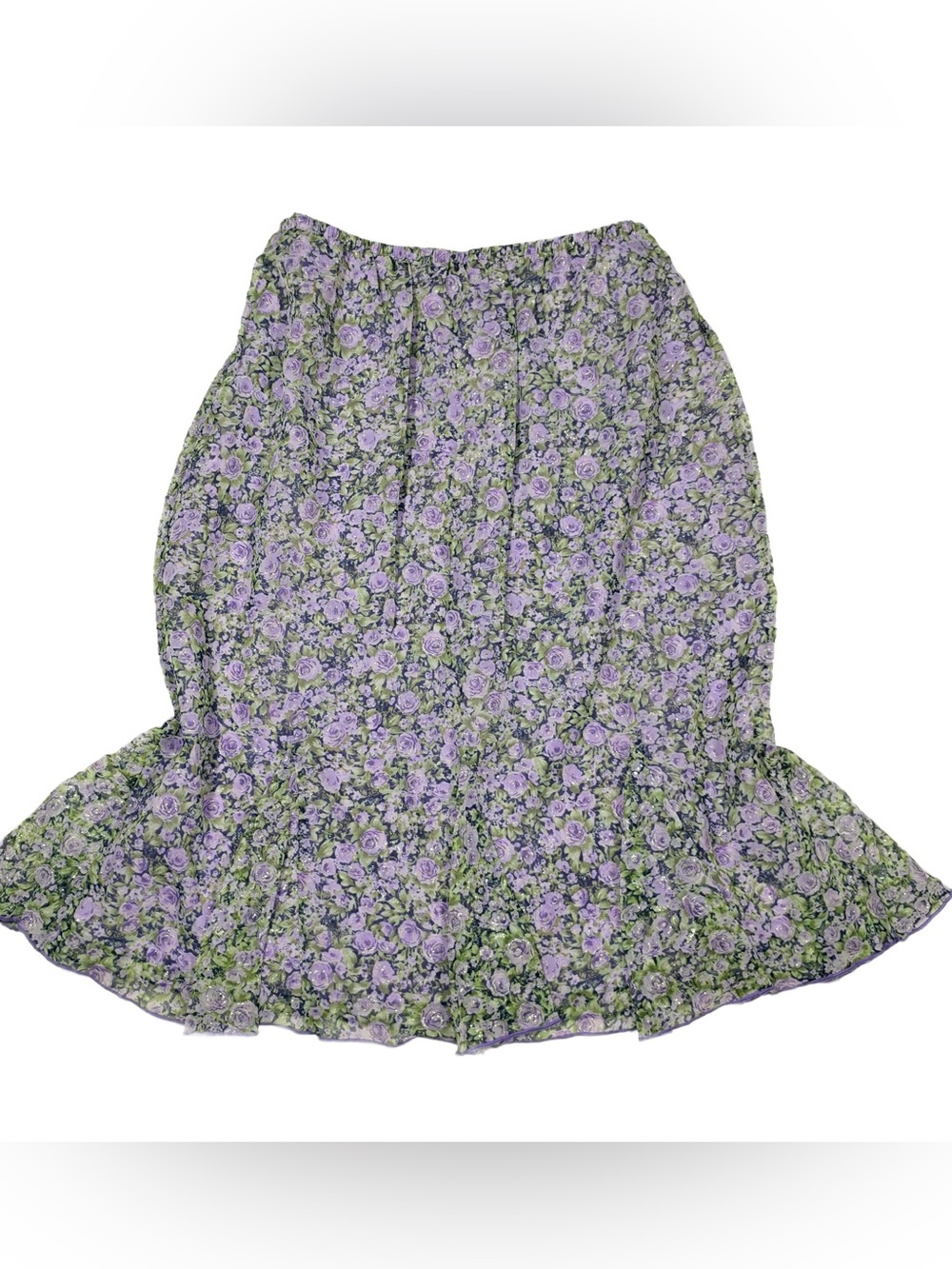 Vintage 90s Y2K Purple Floral Print Mermaid Trumpet Midi Skirt